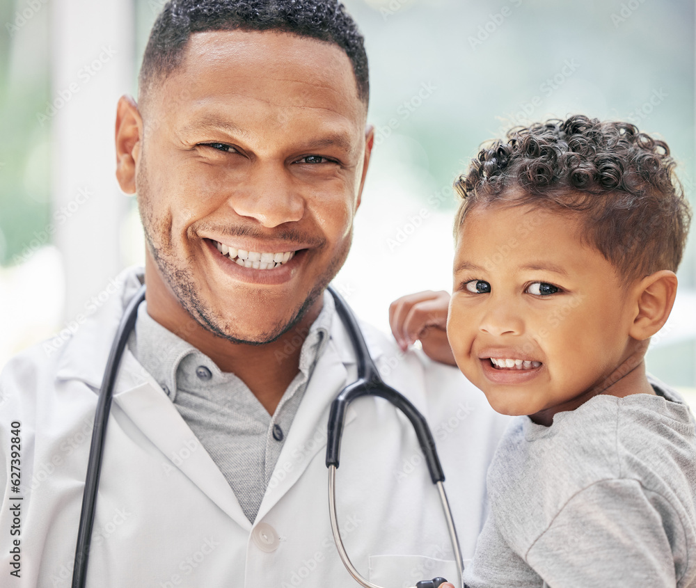 Pediatrician, child and happy portrait for health care in hospital with a smile at a consultation. F