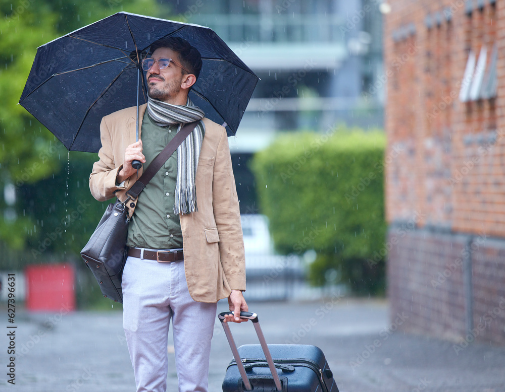 Thinking, travel and a man with an umbrella and suitcase in the rain in the morning. Serious, winter