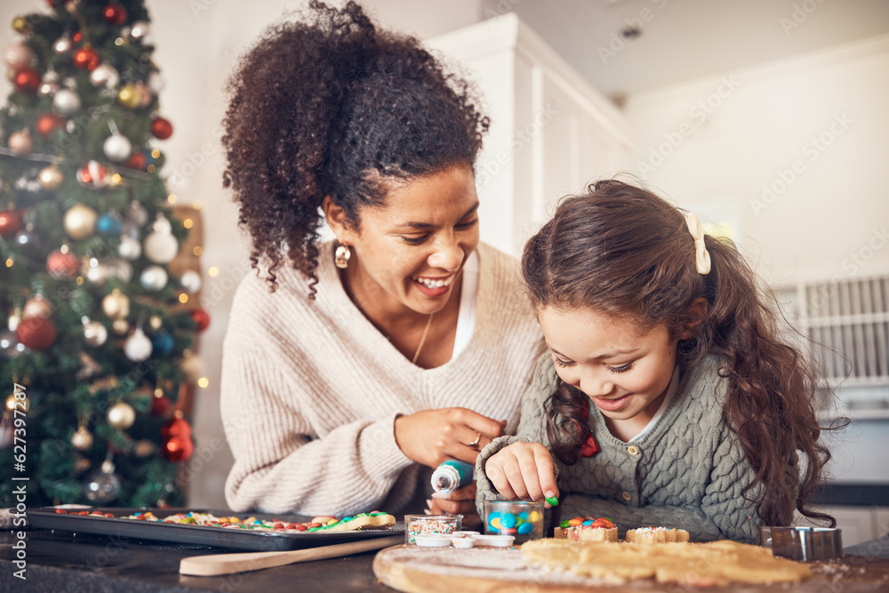 Baker, kid and mother on christmas with smile or teaching to make food in kitchen for celebration. H