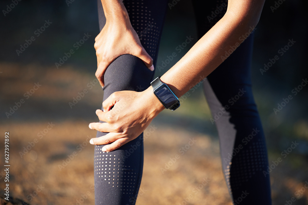 Hands with knee pain, running injury and fitness with woman outdoor, training and medical emergency 