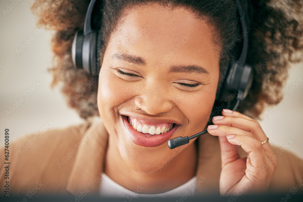 Call center, african woman and face of happy telemarketing agent consulting for customer service, te