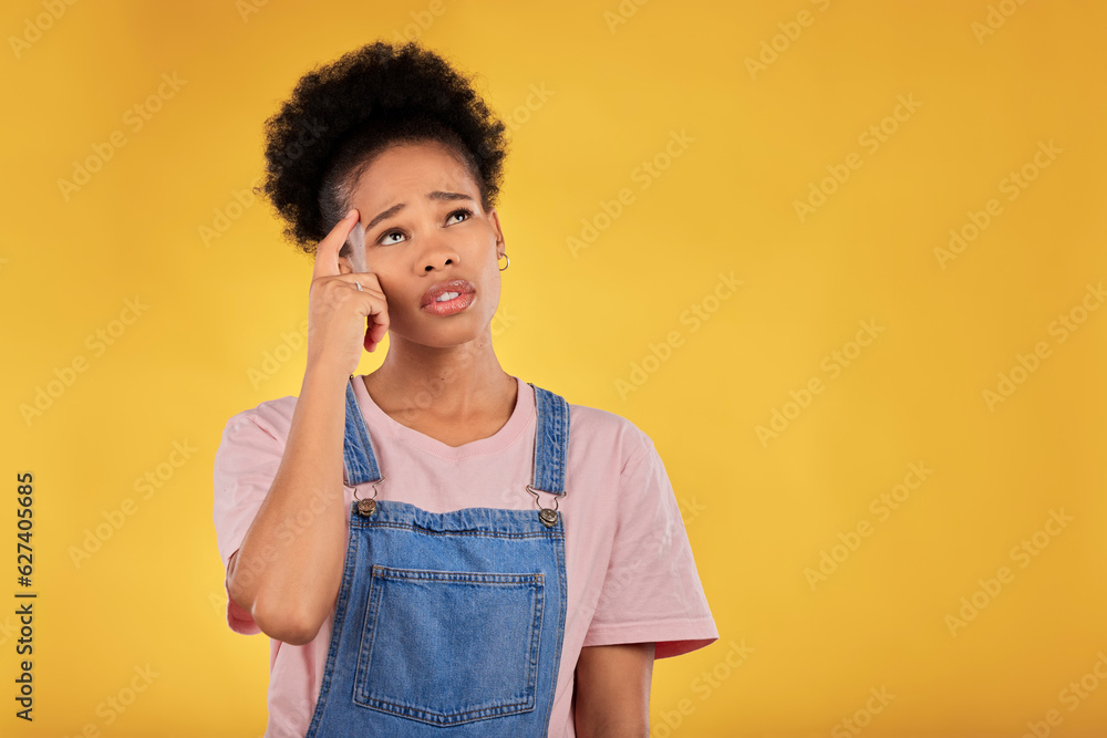 Question, thinking and woman confused, decision and choice against a yellow studio background. Femal