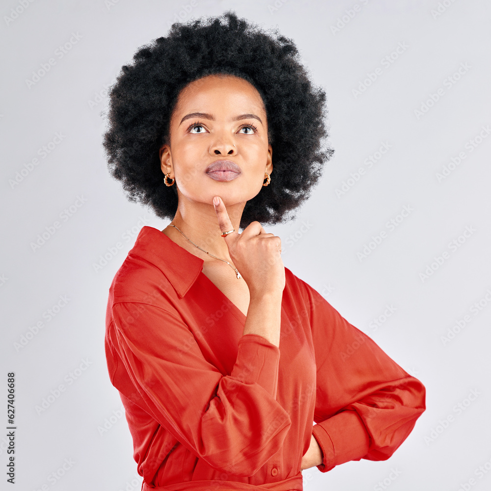 Black woman, thinking and ideas in studio, white background and vision of mindset, planning future a