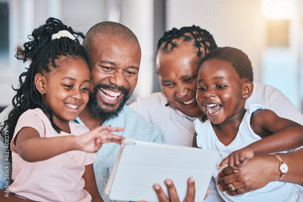 Grandparents, elearning or happy kids with tablet in family home living room for movie streaming. Gr