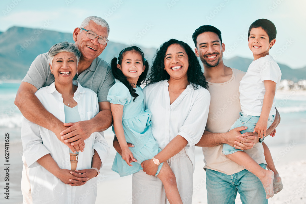 Grandparents, parents or portrait of children at beach as a happy big family for holiday vacation tr