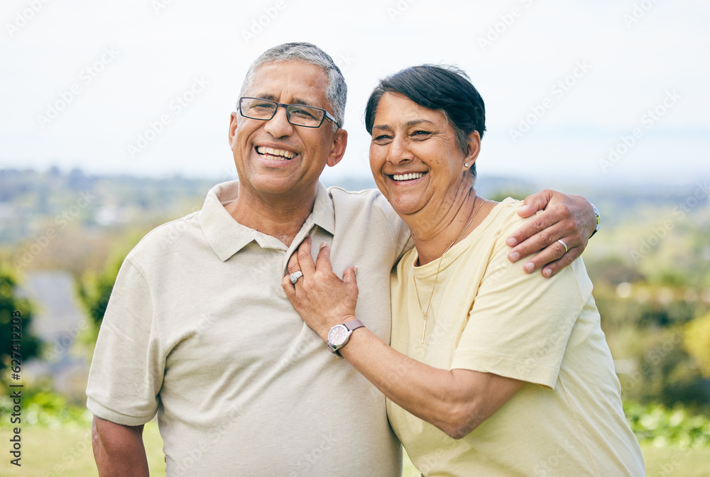 Smile, love and relax with old couple in garden park for retirement, happy and free time. Happiness,