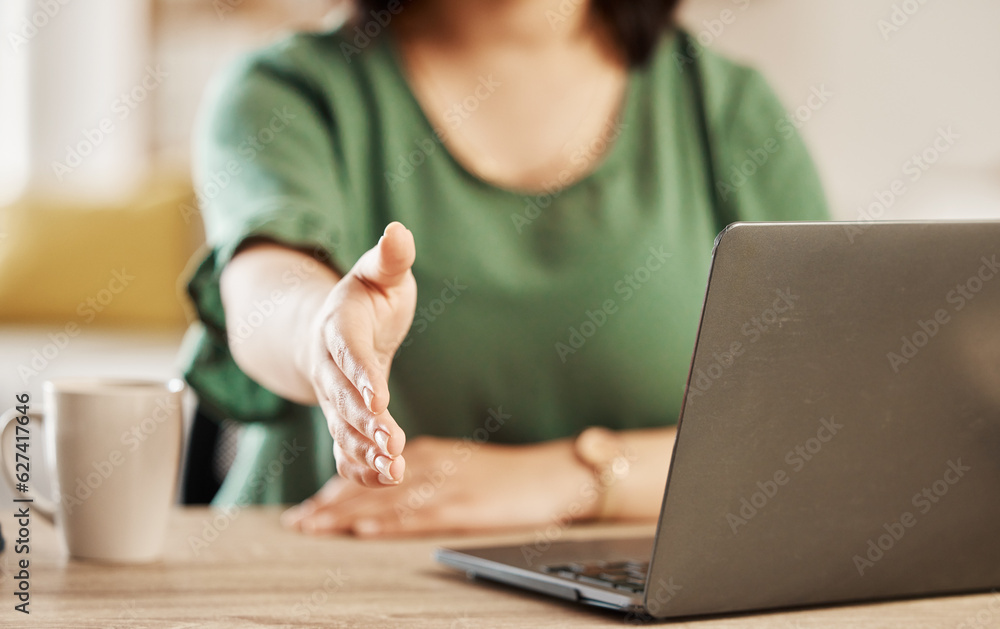 Handshake, remote work and person hand with laptop, greeting and welcome in a home. House, computer 