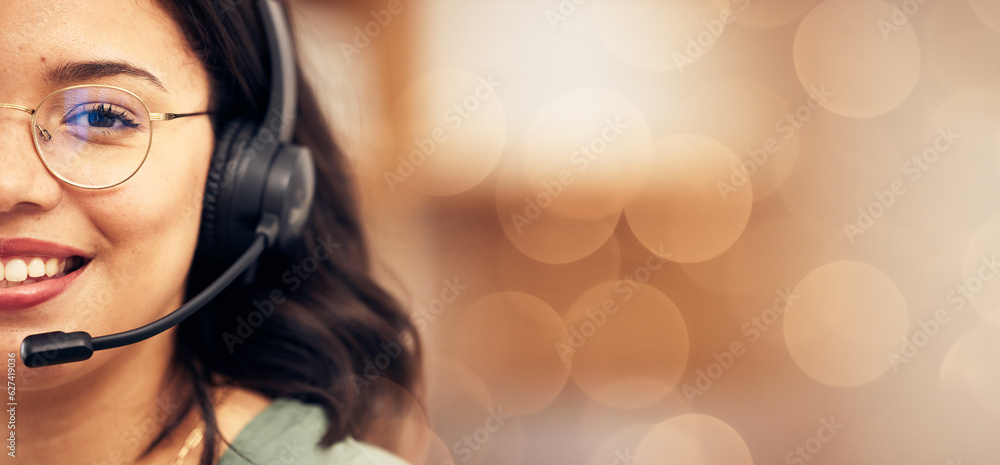 Call center, half face and portrait of a woman with a headset for an online consultation by bokeh. H