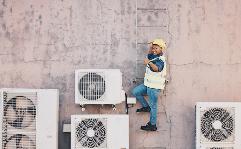 Technician woman, air conditioning maintenance or thumbs up with smile, success or portrait on ladde