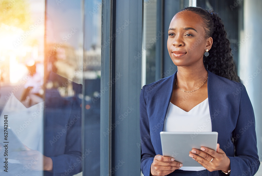 Office, happy woman with tablet and thinking at window in business, smile and insight for online car