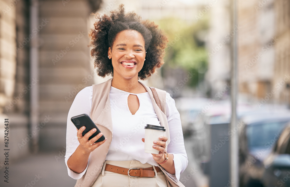 Coffee, phone and portrait of a black woman in the city for social media, travel or happy in the str