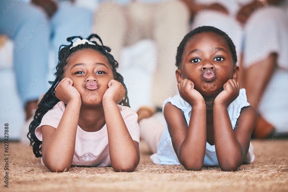 Relax, girls or portrait of children on the floor, carpet or mat bonding or playing in family home t