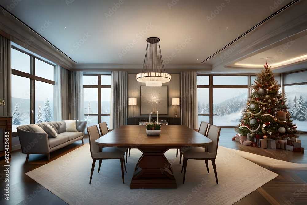 Luxury Villa Decorated With Christmas Tree, Gift Boxes And Ornaments In Snowy Weather