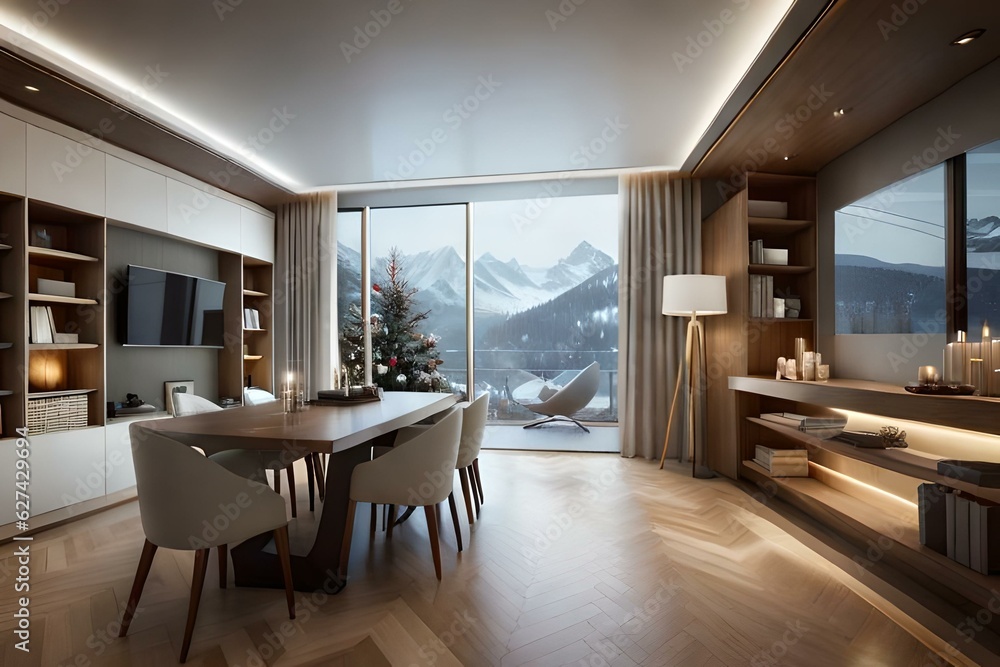 Luxury Villa Decorated With Christmas Tree, Gift Boxes And Ornaments In Snowy Weather