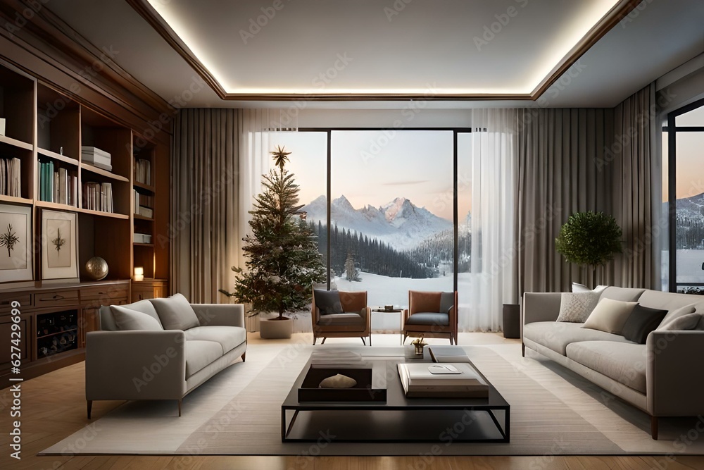 Luxury Villa Decorated With Christmas Tree, Gift Boxes And Ornaments In Snowy Weather