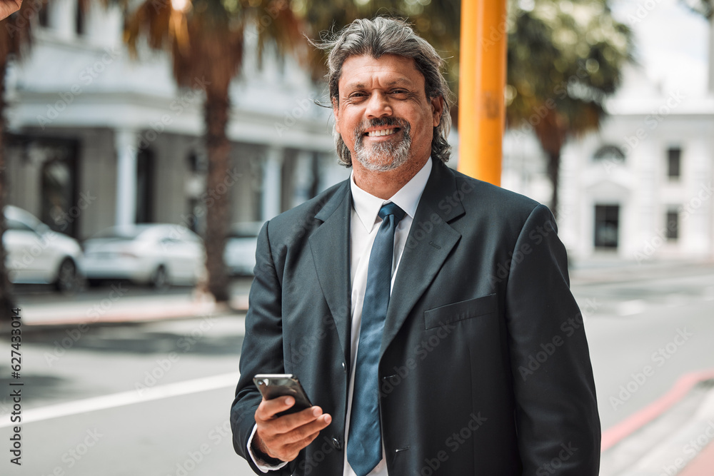 Portrait, business and senior man with a smartphone, city and smile with connection, typing and soci