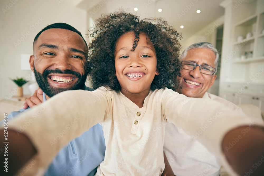 Selfie of dad, grandfather and boy child in home for love, profile picture and quality time together