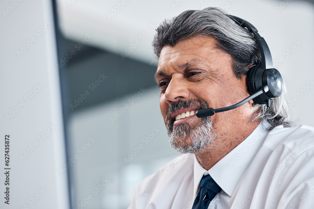 Call center, computer and happy man or consultant speaking, business sales or e commerce advice. Onl