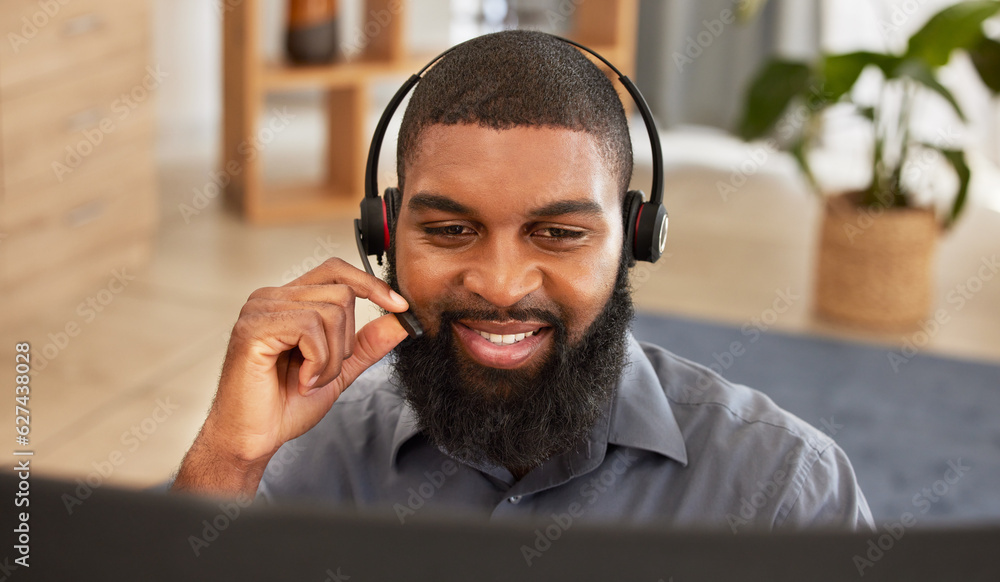 Call center, computer and man or agent for communication, happy sales and customer support in e comm