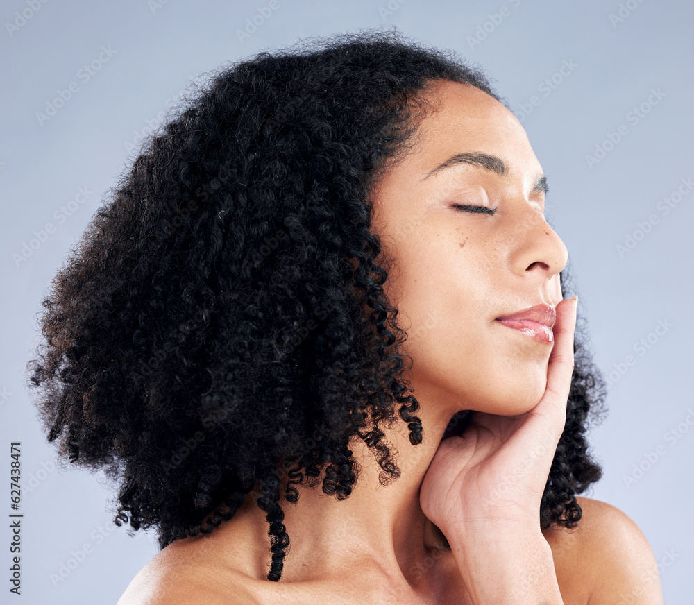 Skincare, face and woman touch for beauty in studio isolated on a white background. Natural, cosmeti