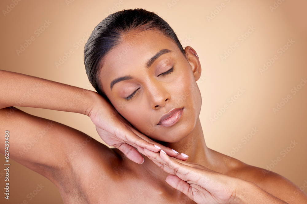 Relax, beauty or natural woman with wellness or facial glow with dermatology skincare cosmetics in s