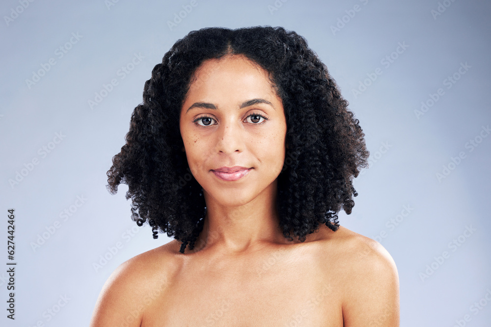 Portrait, beauty and confident with African model woman in studio on a gray background for skincare.