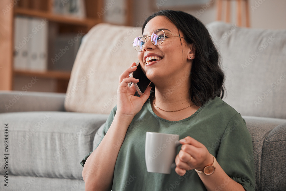 Woman, coffee and phone call in living room for communication, contact or conversation. Happy person