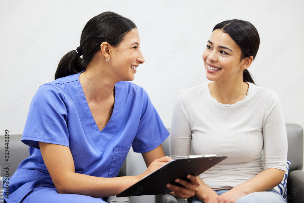 Clipboard, nurse and woman advice in clinic office, healthcare service and talking, question or cons