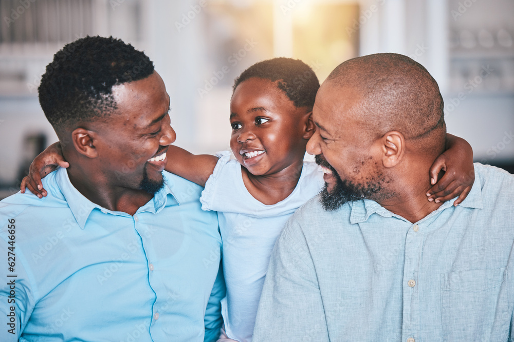 Black family, grandfather and father with girl in home, bonding and relax together. African grandpa,