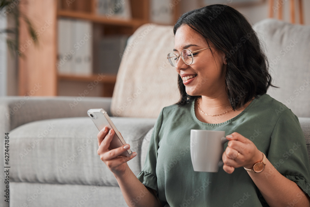 Woman, coffee and typing with phone in living room for social media post, reading notification or te