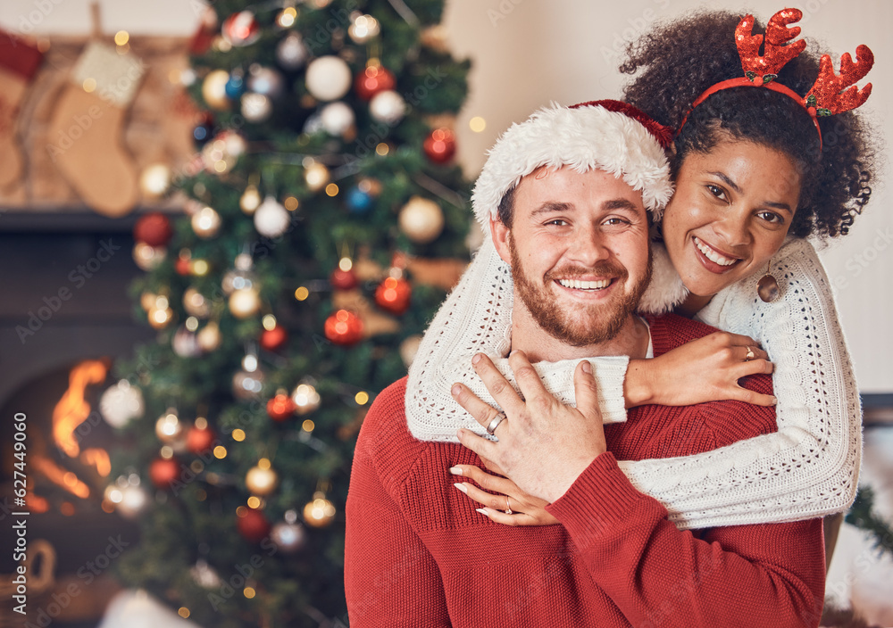 Christmas, portrait and happy couple in home, hug and bonding together. Xmas, smile and face of man 