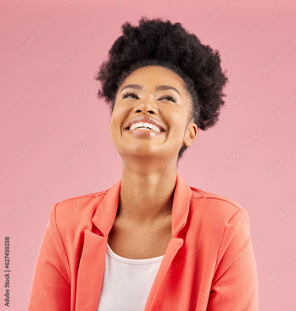 Business woman, happy and laugh in studio with smile feeling excited and proud from advertising job.