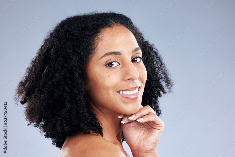 Portrait, beauty and smile with a model woman in studio on a gray background for skincare. Face, aes