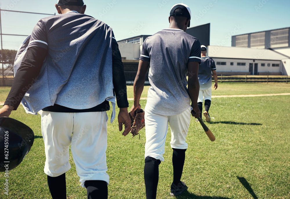 It was a game to remember. Rearview shot of a group of young men walking onto a baseball field.