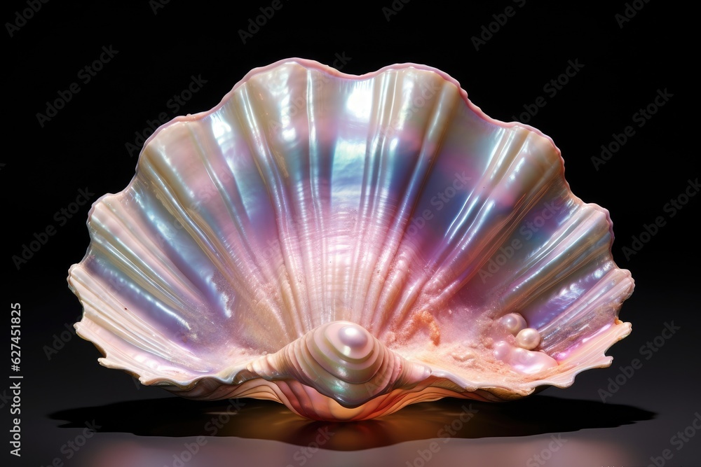 beautiful seashell on a black background, closeup of a photo, a captivating open sea pearl shell, AI