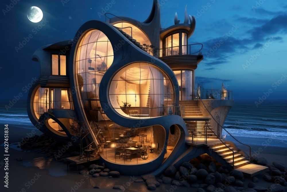 3D rendering of a fantasy house on the beach at night. A creatively designed house by the seaside, A