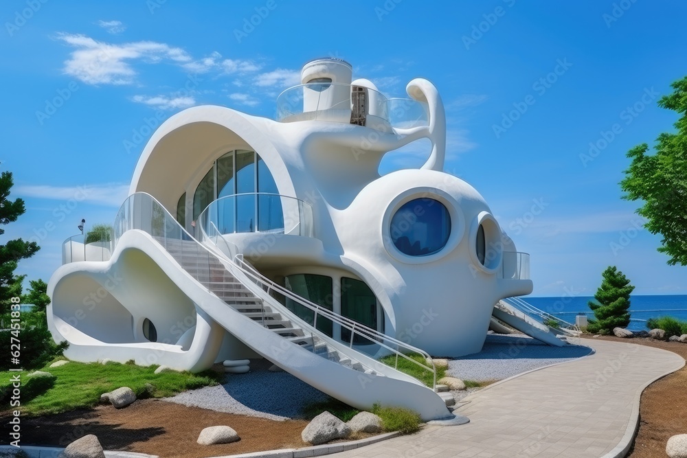 Park Guell in Barcelona, Spain, A creatively designed house by the seaside, AI Generated