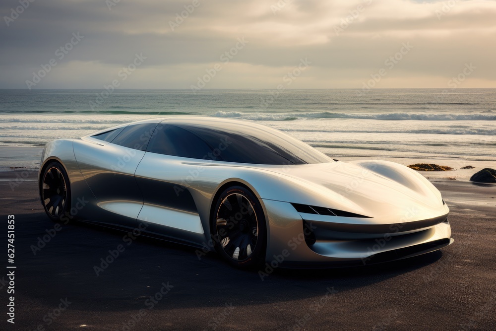 sport car on the beach at sunset with clouds in the sky, a cutting edge electric car embodying the f