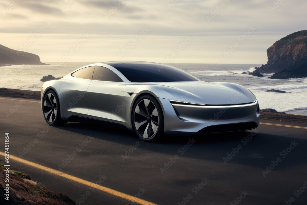 3D rendering of a brand-less generic concept car in the beach, a cutting edge electric car embodying