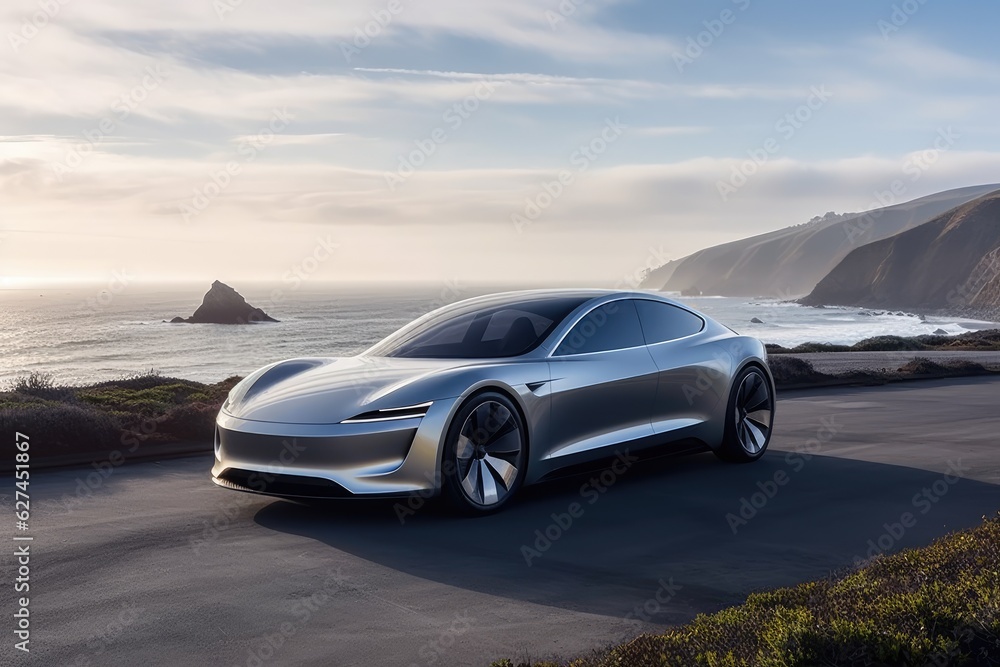 3D rendering of a brand-less generic concept car in the desert, a cutting edge electric car embodyin