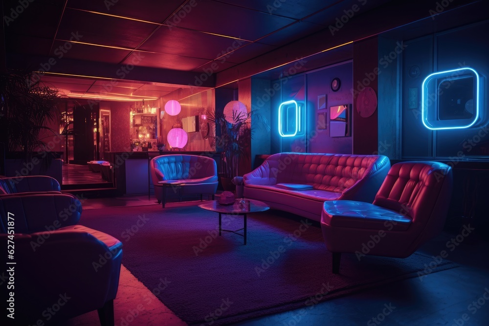 Interior of a modern night club with bright neon lights. Nightlife concept, A decorated night club w