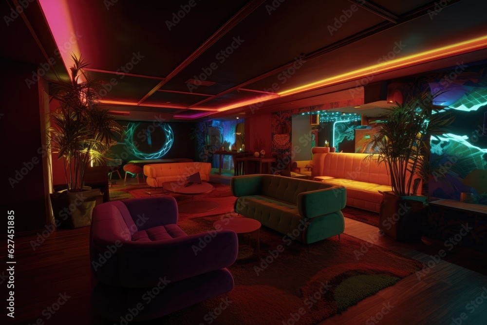 Interior of a night club with neon lighting. 3d rendering, A decorated night club with stylish couch