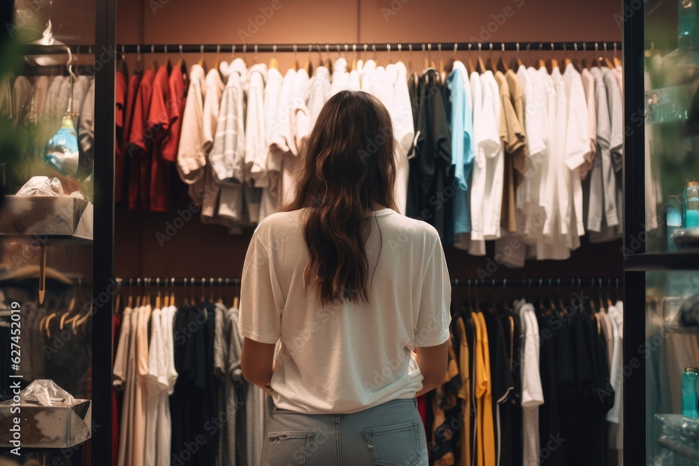 back view of young woman looking at clothes in clothing store on blurred background, A girl in loose