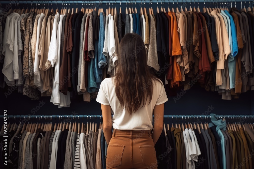 Rear view of young woman looking at clothes in wardrobe at home, A girl in loose fitting clothes is 