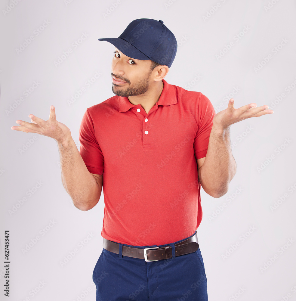 Shrug, confused and unsure man in studio with open hands for a question, why or doubt. Portrait of y