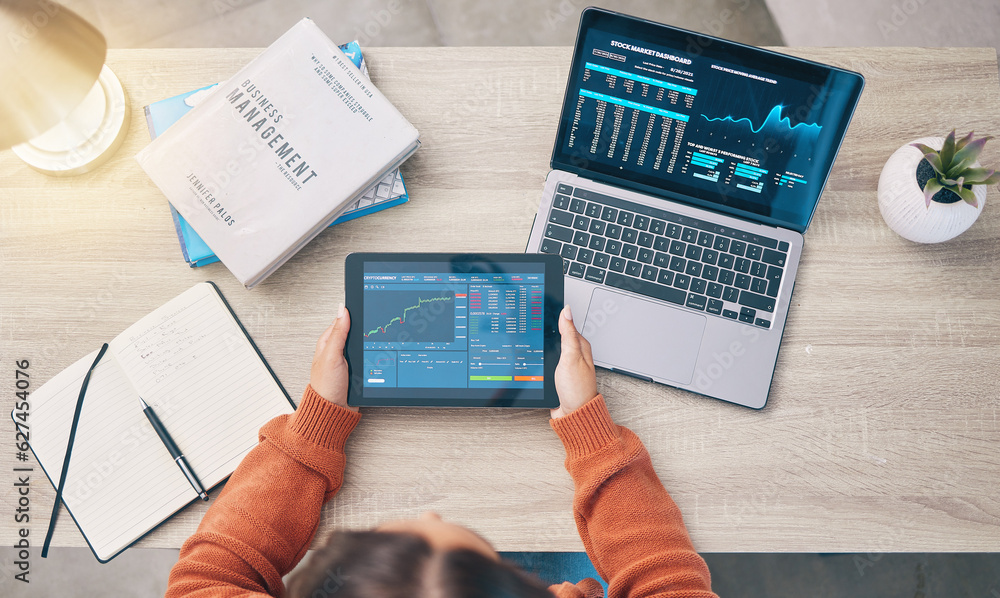 Woman with laptop, tablet and data analytics for research in business management, stock market tradi