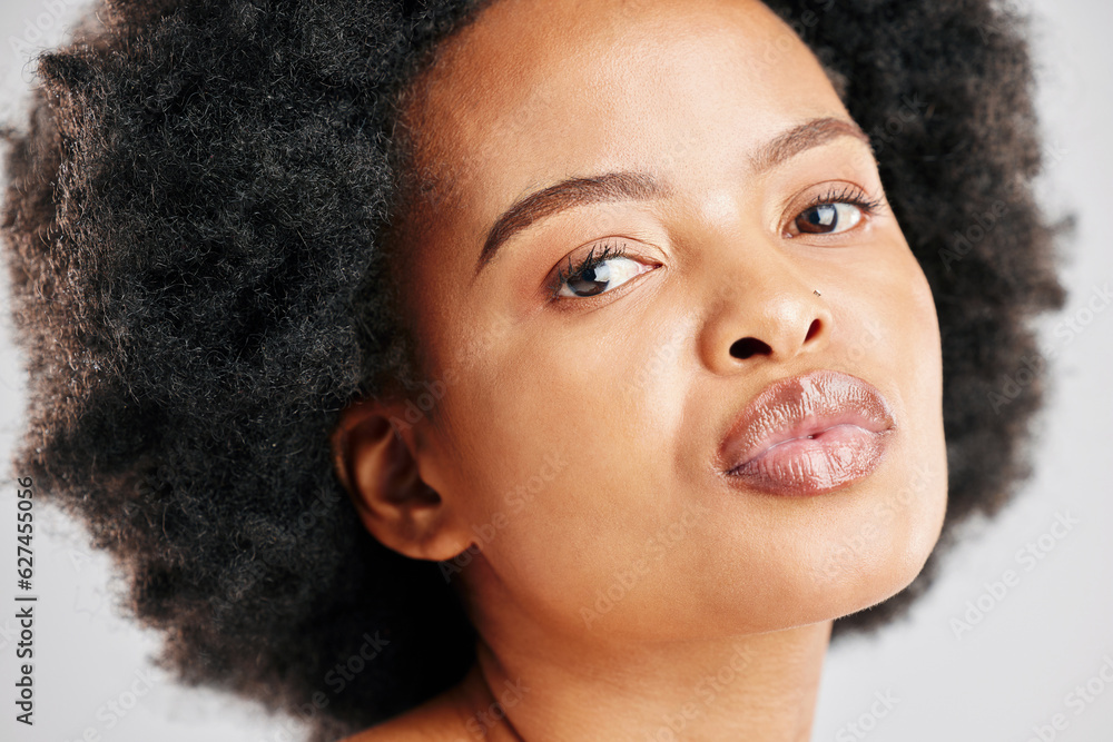 Skin care, beauty and portrait of a black woman with dermatology, cosmetics or natural makeup. Close