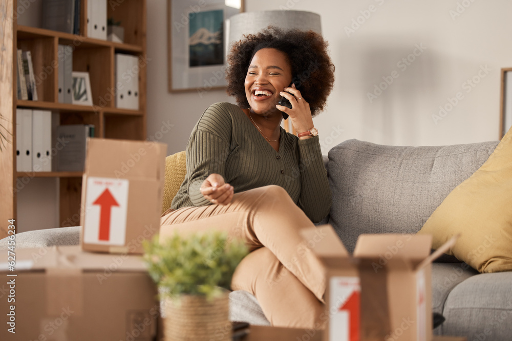 Phone call, boxes and woman in new home, real estate and property investment with online communicati