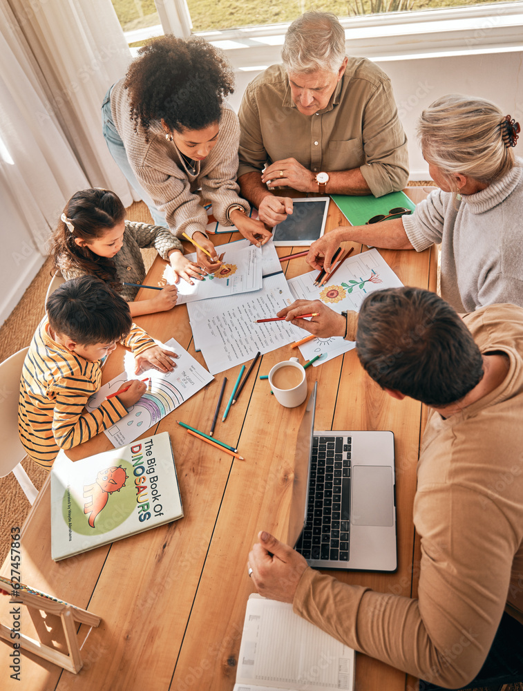 Family home, kids and homework with learning, grandparents and parents with tech in top view. Mother