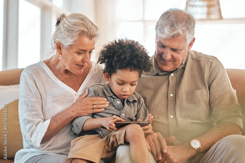 Phone, grandparents and child in home, happy and bonding together in living room. Smartphone, interr